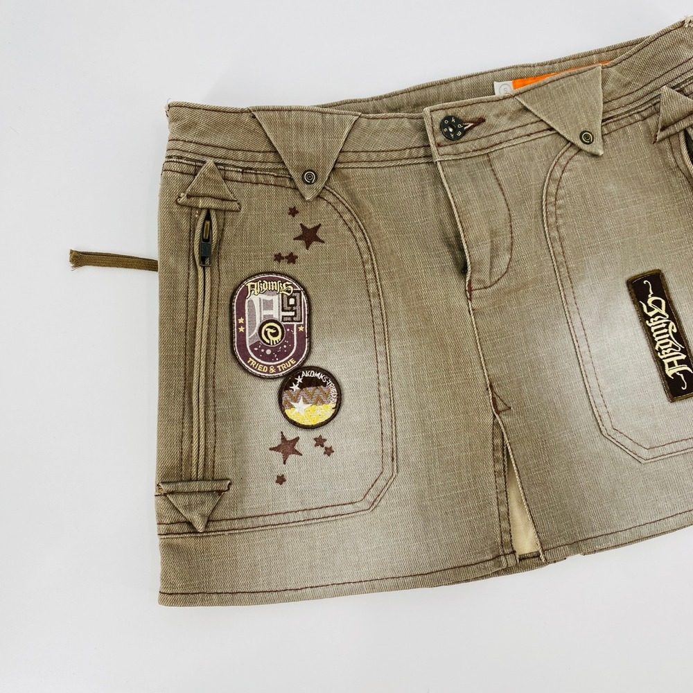 Akdmks Mini Skirt Womens Small Brown Y2K Patch Star Embroidered Low Rise‎ Denim